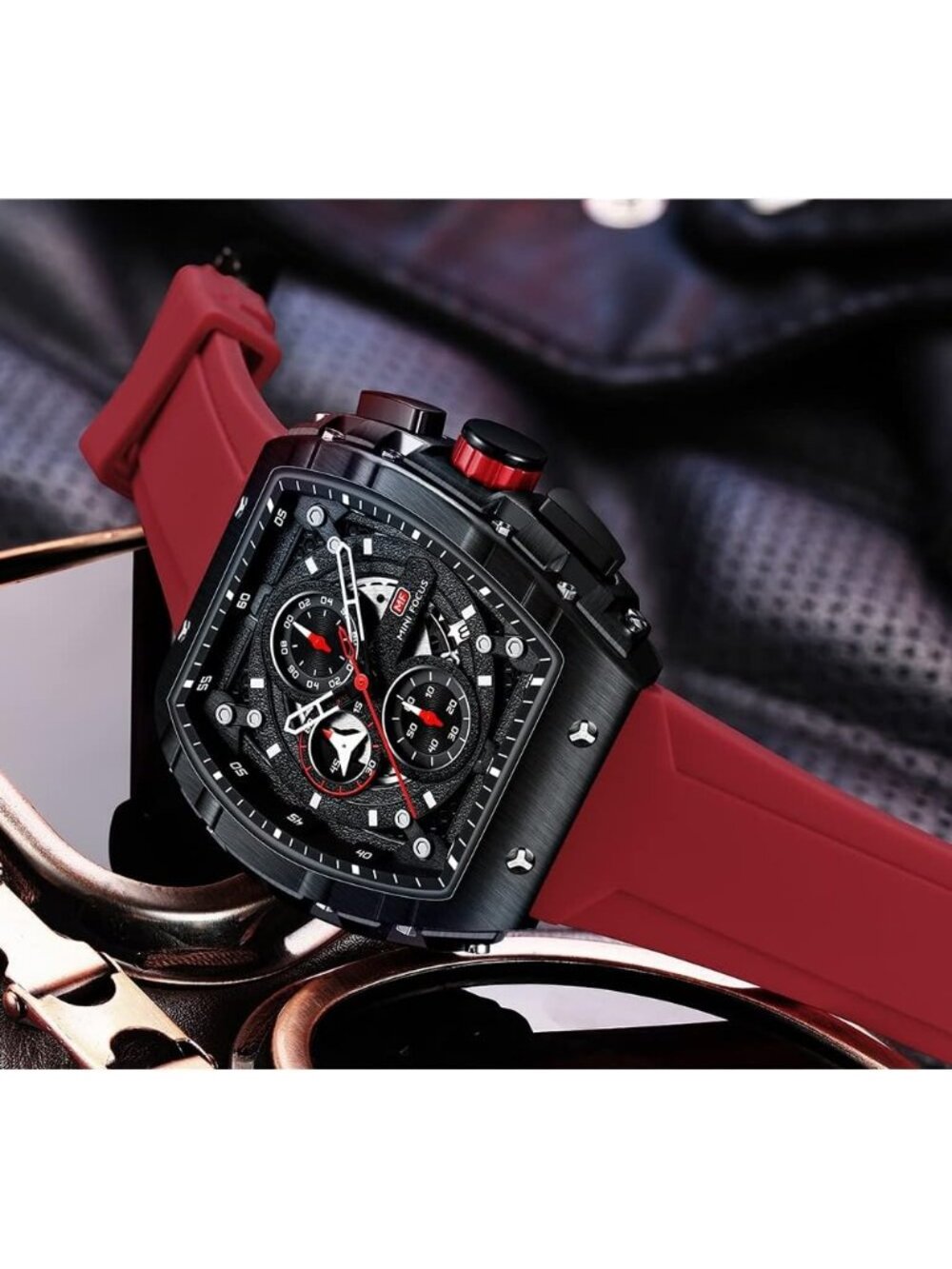 Men's Red Silicon Strap Quartz Chronograph Waterproof Luminous Tonneau Watch